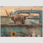 Decoupage Vintage Truck Highland Cow Sunflowers Tissue Paper<br><div class="desc">The photo captures the back of a vintage blue pickup truck at sunset. A large brown and white cow with long horns peeks over the edge of the truck bed, which is filled with cosy blankets and lit candles. A single sunflower rests near the tailgate, adding a touch of nature...</div>