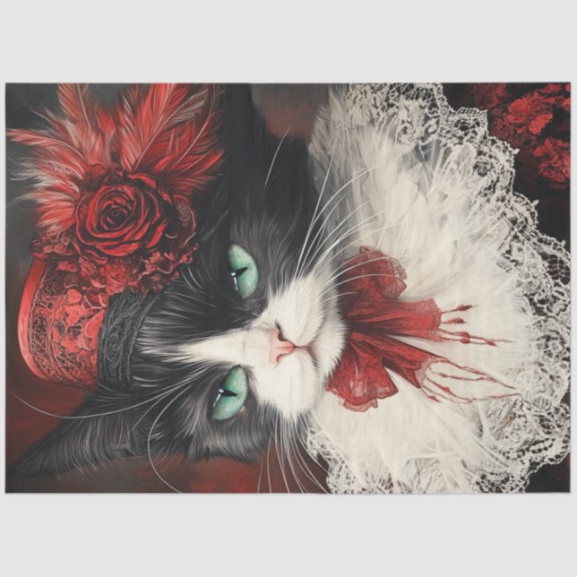 Decoupage Vintage Valentine Cat Red Black  Tissue Paper (Front)