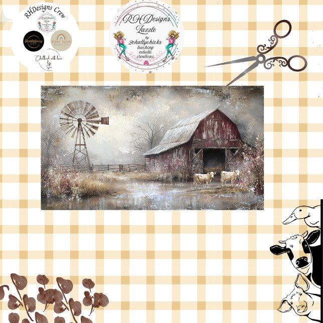 Decoupage Weathered Red Barn Windmill Cows Tissue Paper (Creator Uploaded)