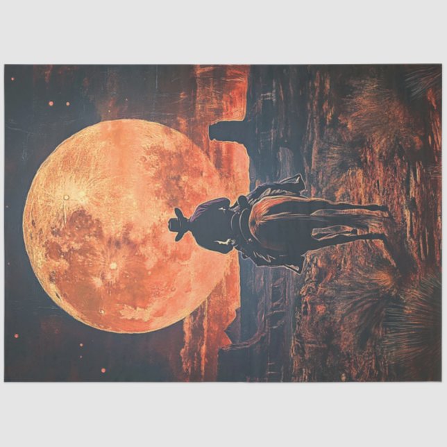 Decoupage Western Theme Cowboy Riding Towards Moon Tissue Paper (Front)