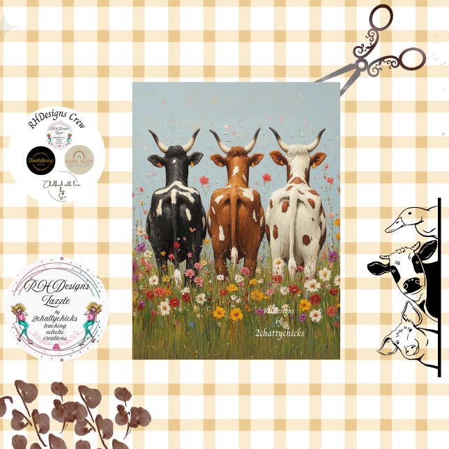 Decoupage Whimsical 3 Cow Friends Field Wildflower Tissue Paper (Creator Uploaded)