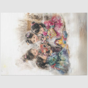Decoupage Whimsical 4 Korean Children Playing Tissue Paper