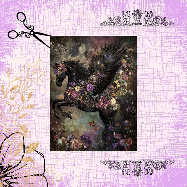 Decoupage Whimsical Black Horse Intricate Flowers  Tissue Paper (Creator Uploaded)