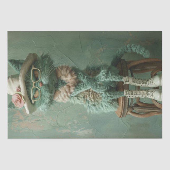 Decoupage Whimsical Cat Rustin Stool Vintage  Tissue Paper (Front)