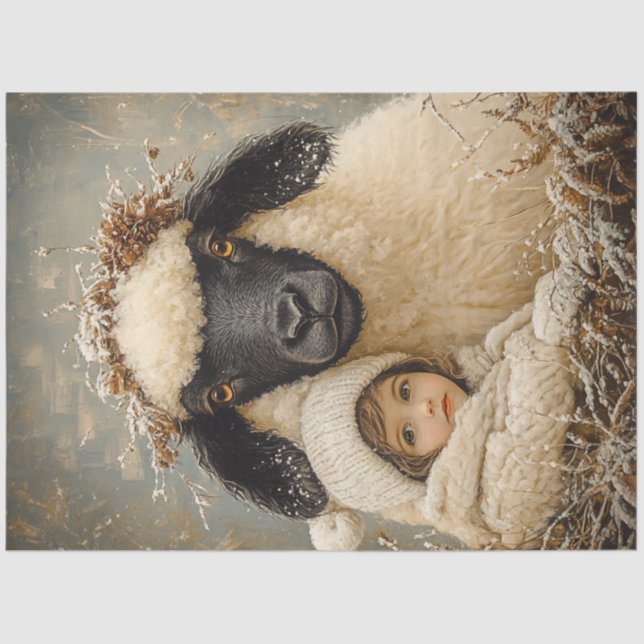 Decoupage Whimsical Child Sitting with Sheep  Tissue Paper (Front)