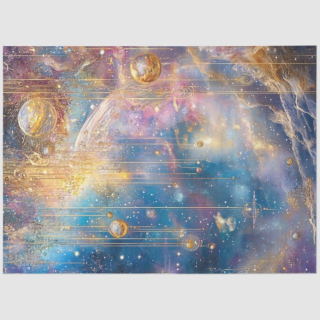 Decoupage Whimsical Comic Scene Gold Blues Tissue Paper (Front)