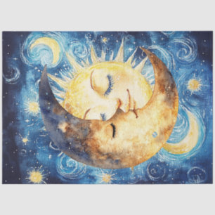 Decoupage Whimsical Crescent Moon Surrounding Sun  Tissue Paper