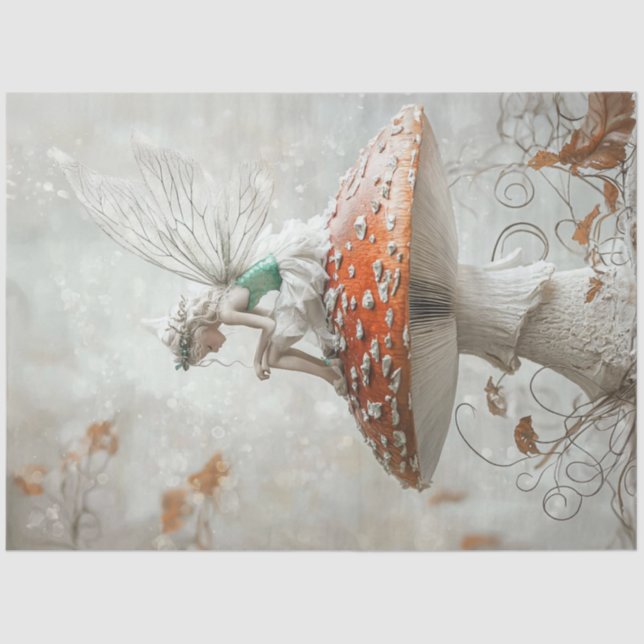 Decoupage Whimsical Fairy On Red White Mushroom  Tissue Paper (Front)