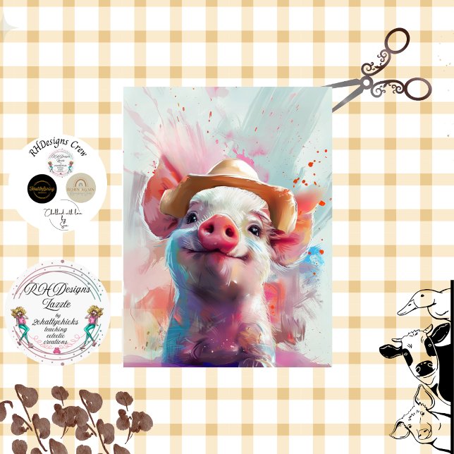 Decoupage Whimsical Farm Pig with Hat on Farm  Tissue Paper (Creator Uploaded)