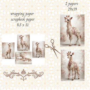 Decoupage Whimsical Giraffe Pink Scrapbooking  Wrapping Paper Sheet