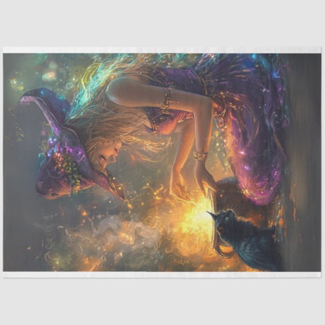 Decoupage Whimsical Halloween Witch in Purple Tissue Paper (Front)