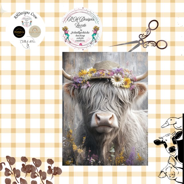 Decoupage Whimsical Highland Cow Flower Hat  Tissue Paper (Creator Uploaded)