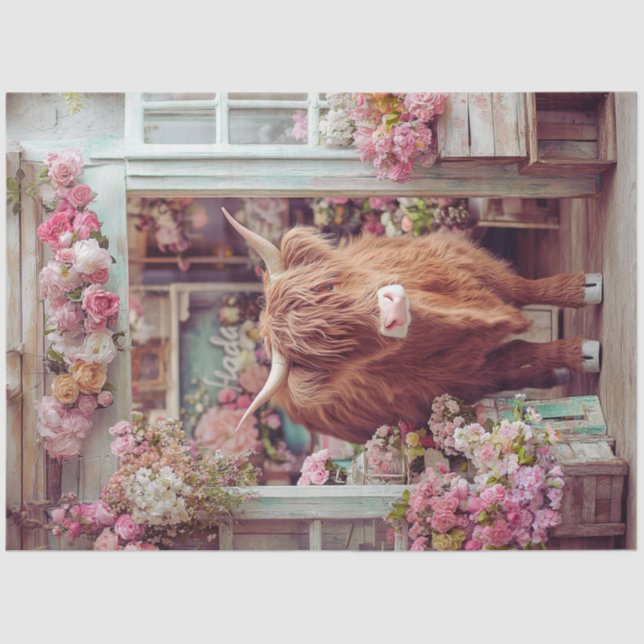 Decoupage Whimsical Highland Cow Pink Flower Shop  Tissue Paper (Front)