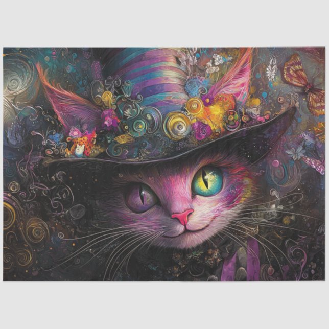 Decoupage Whimsical Multicolored Cat & Hat  Tissue Paper (Front)