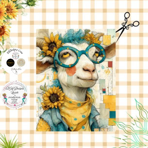 Decoupage Whimsical Patchwork Goat Sunflowers  Tissue Paper