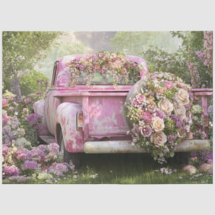 Decoupage Whimsical Pink Vintage Truck & Flowers Tissue Paper