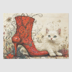 Decoupage Whimsical Red Intricate Boot & White Cat Tissue Paper