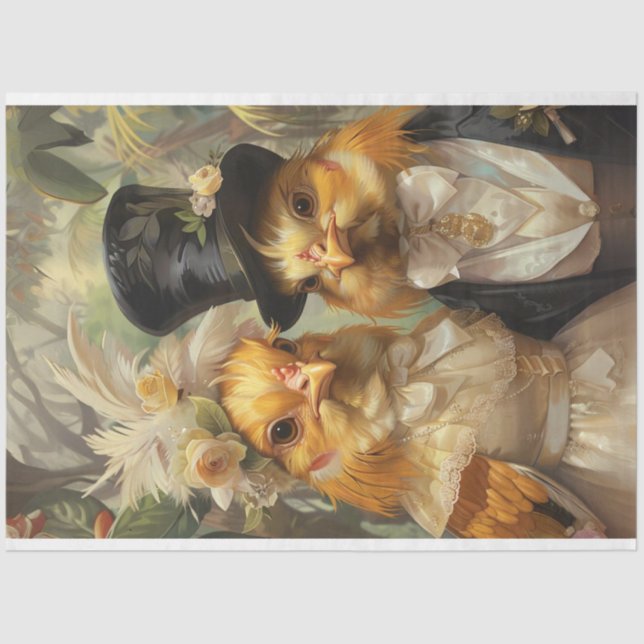 Decoupage Whimsical Rooster Chicken Couple Married Tissue Paper (Front)