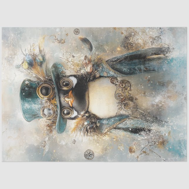 Decoupage Whimsical Steampunk Penguin Teals Tissue Paper (Front)