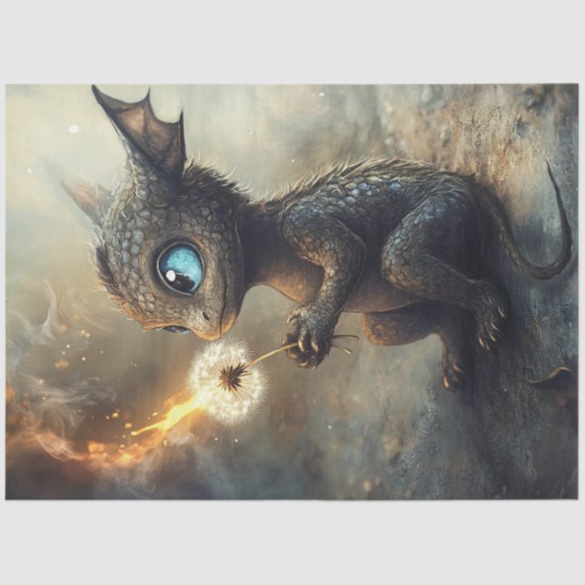 Decoupage Whimsical Tiny Dragon Creature Dandelion Tissue Paper (Front)