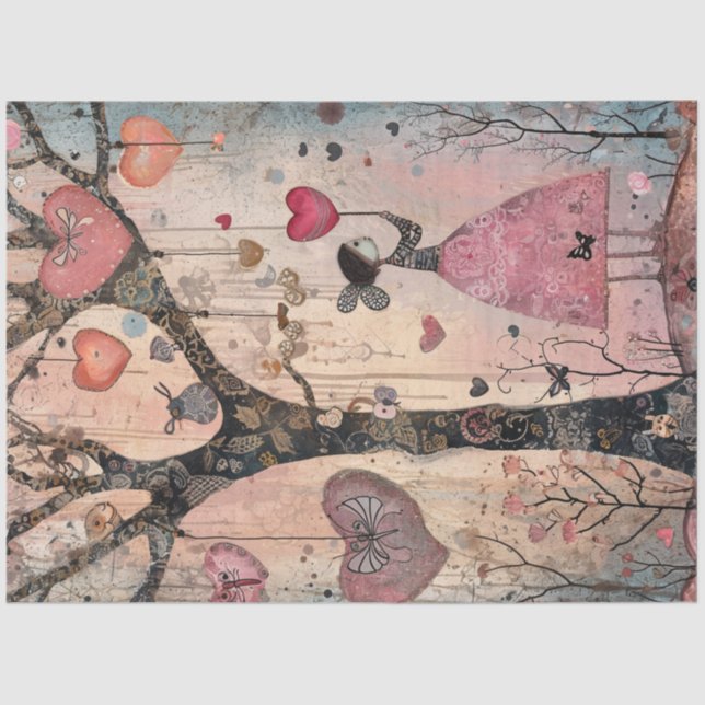 Decoupage Whimsical Valentine Tree Heart Ornaments Tissue Paper (Front)