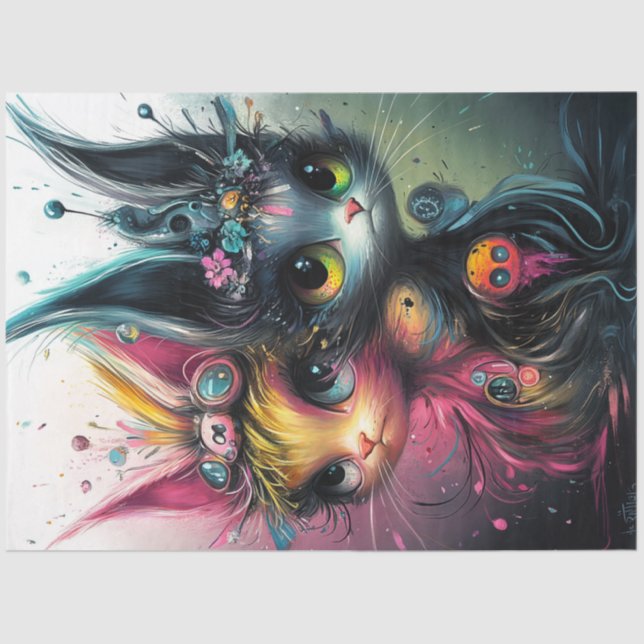 Decoupage Whimsical Vibrantly Coloured Cats  Tissue Paper (Front)