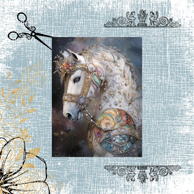 Decoupage Whimsical White Horse Adorned Gemstones Tissue Paper (Creator Uploaded)