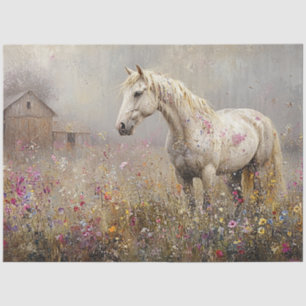 Decoupage Whimsical White Horse Field of Flowers  Tissue Paper