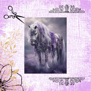 Decoupage Whimsical White Horse Purple & Silver  Tissue Paper