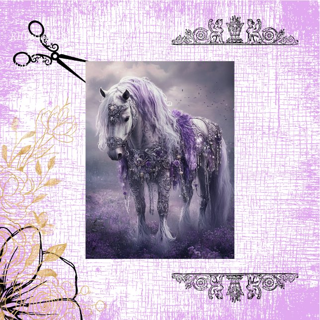 Decoupage Whimsical White Horse Purple & Silver  Tissue Paper (Creator Uploaded)