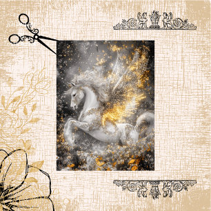 Decoupage Whimsical White Unicorn Golden Patterns  Tissue Paper