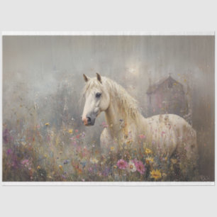 Decoupage White Horse Wildflower Field Tissue Paper