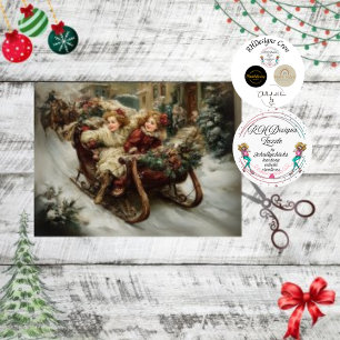 Decoupage Winter Scene Children in Sleight  Tissue Paper