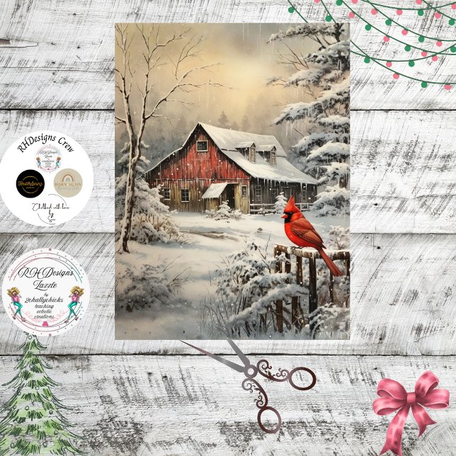 Decoupage Winter Scene Red Barn Cardinal Snow  Tissue Paper (Creator Uploaded)