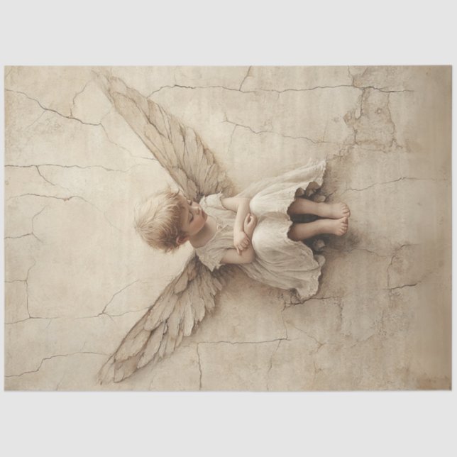 Decoupage Young Child Angel Wings Sepia Tone Tissue Paper (Front)