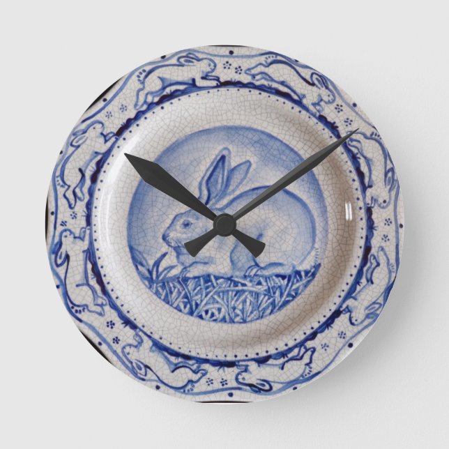 "Dedham Blue" and White Rabbit Plate Design Clock (Front)