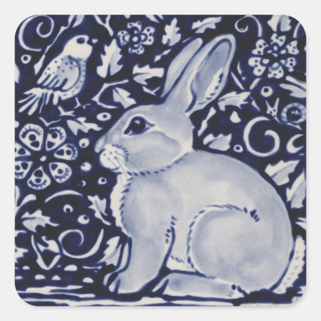 Dedham Blue & White Rabbit Ceramic Tile Gift Wrap Square Sticker (Front)