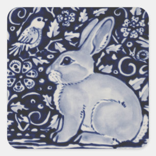 Dedham Blue & White Rabbit Ceramic Tile Gift Wrap Square Sticker