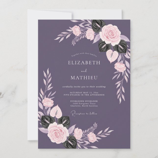 Deep Amethyst Leafy Wedding Invitation (Front)