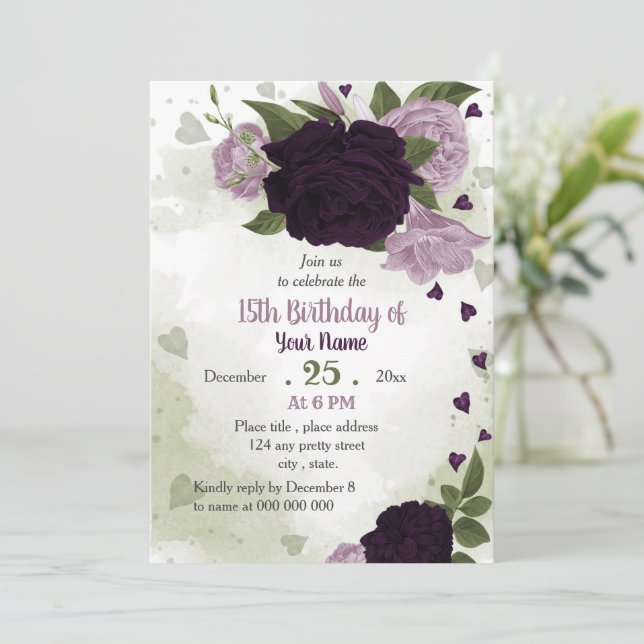 deep and light purple flowers greenery  invitation (Standing Front)