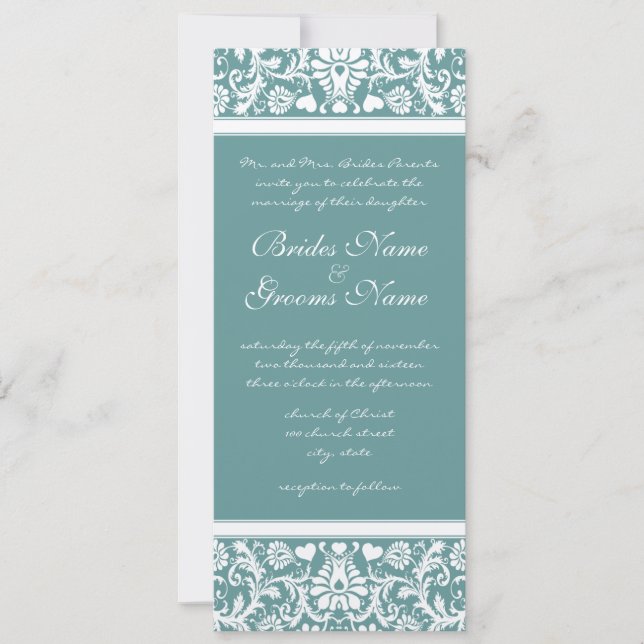Deep Aqua Blue Damask Swirls Wedding Invitation (Front)