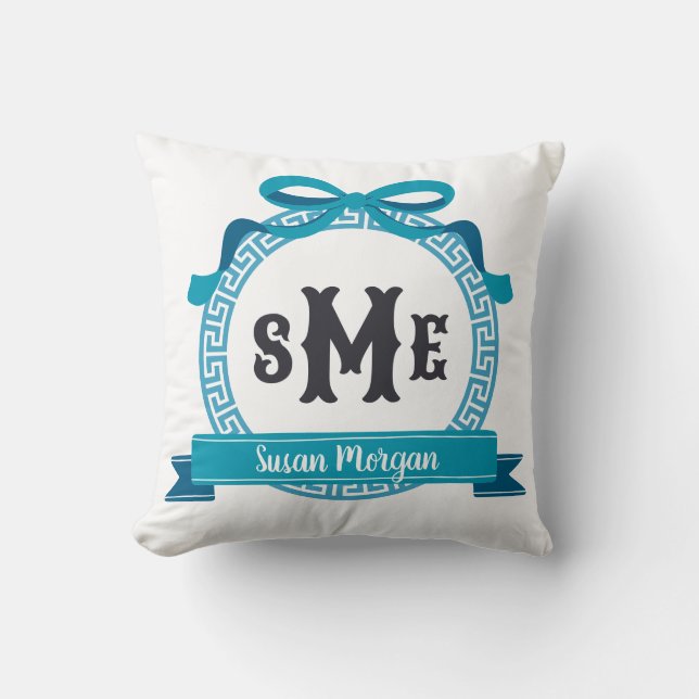 Deep Aqua Blue Greek Key Bow Monogram Cushion (Front)