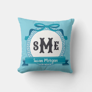 Deep Aqua Blue Reverse Greek Key Bow Monogram Cushion