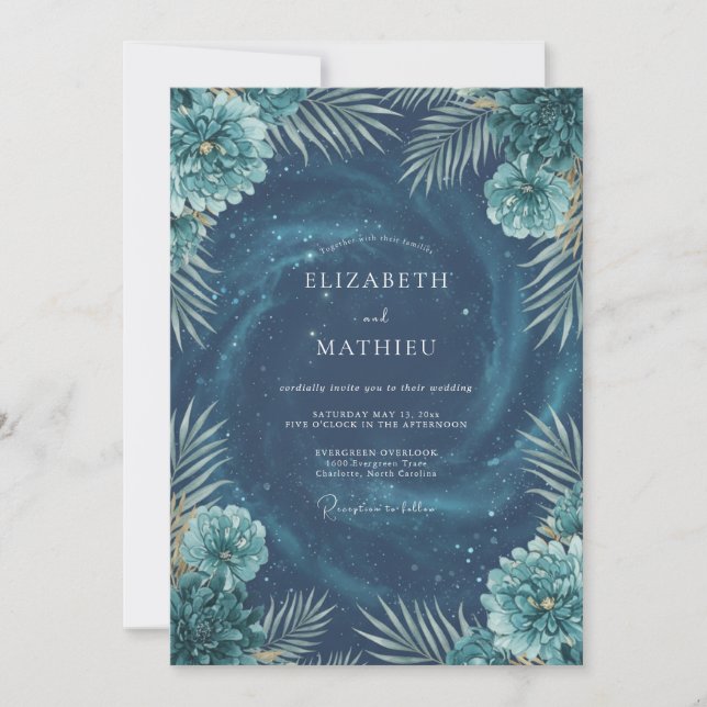 Deep Aqua Cosmic Eucalyptus Wedding Invitation (Front)