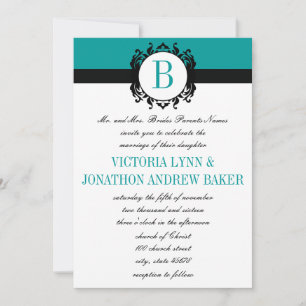 Deep Aqua Damask Monogram Wedding Invite