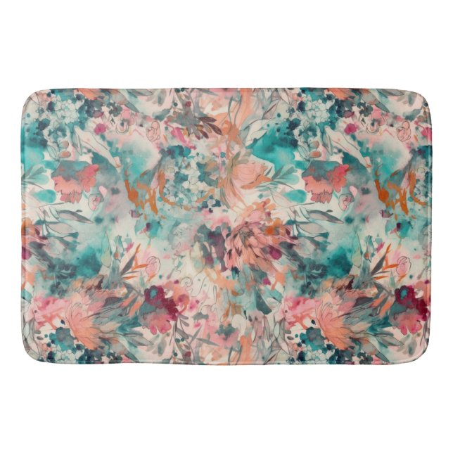 Deep Aqua, Peach, Mauve Floral Abstract Bath Mat (Front)