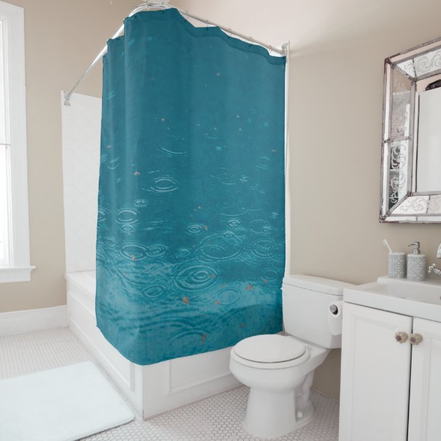 Deep Aqua Raindrops and Leaves Shower Curtain (In Situ)