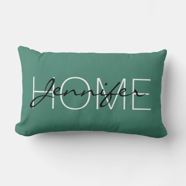 Deep aquamarine colour home monogram lumbar cushion (Front)