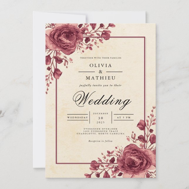 Deep Berry Floral Arch Romance Wedding Invitation (Front)