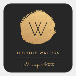 Deep Black Faux Foil Gold Gold Monogram Business Square Sticker